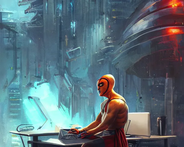 Image similar to an insanely detailed painting of an asian man wearing a homemade superhero costume, sitting at a desk, staring at the nervously at the computer and typing, in the style of peter mohrbacher, dramatic lighting and composition, surreal background, octane render, pixar, trending on artstation, concept art, comic book, view from behind