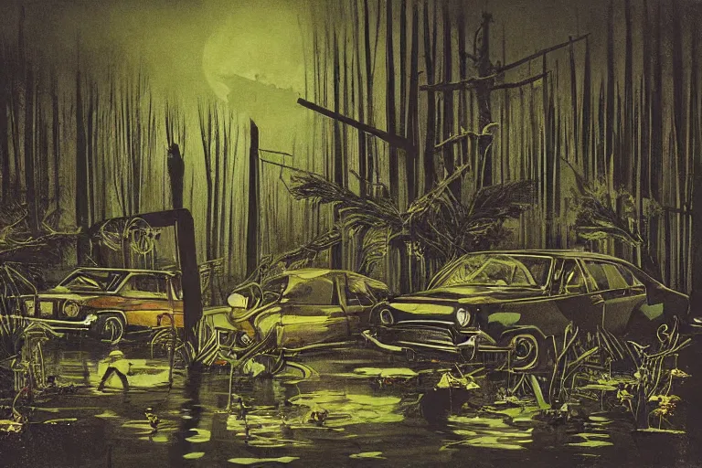 Prompt: scene from louisiana swamps, voodoo cult, old protestant church with neon satanic pentagram, junkyard by the road, boy scout troop, voodoo artwork by tim eitel