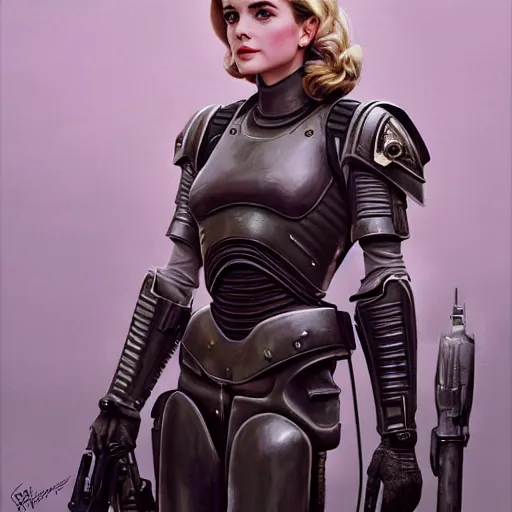 Image similar to A combination of Grace Kelly's and Emma Watson's and Ashley Greene's appearances with blonde hair wearing Power armor, full body portrait, western, D&D, fantasy, intricate, elegant, highly detailed, digital painting, artstation, concept art, matte, sharp focus, illustration, art by Donato Giancola and James Gurney