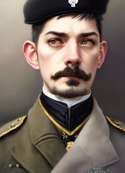 Image similar to portrait of stoic looking miniature schnauzer, military uniform, black fir, white eyebrows, fantasy, intricate, elegant, highly detailed, centered, dark, smokey, digital painting, artstation, concept art, smooth, sharp focus, illustration, art by artgerm and greg rutkowski and alphonse mucha