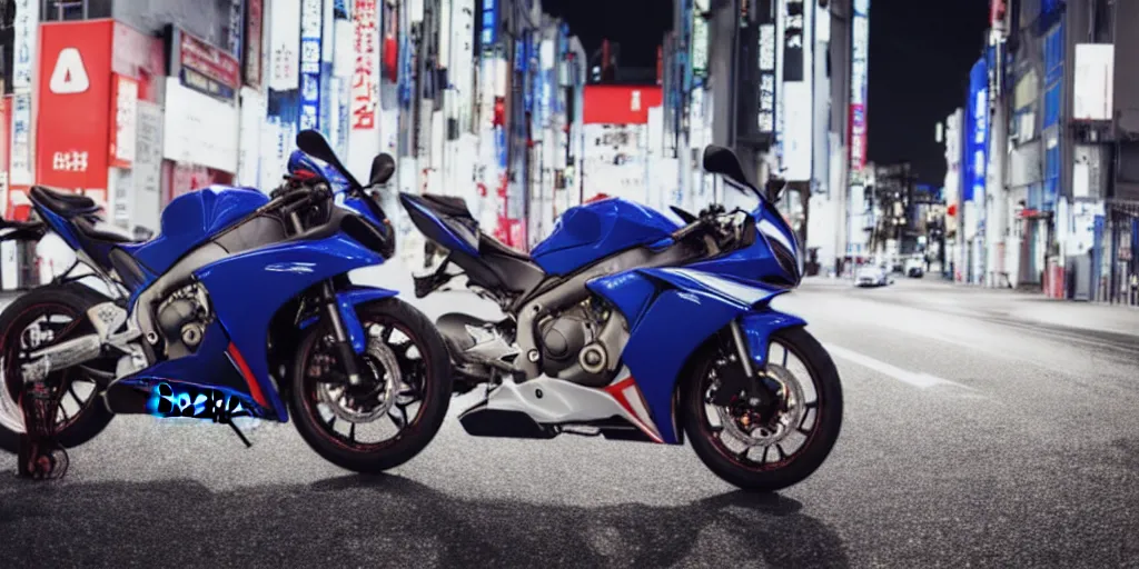 Image similar to Honda CBR600rr with blood vinyil in the middle of a road on the night Tokyo, blue color grading, cinematic color grading , unreal 5, hyperrealistic, realistic, photorealistic, dynamic lighting, highly detailed, cinematic landscape, studio landscape, studio lighting