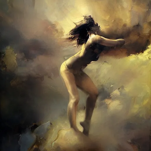 Image similar to painting of a beautiful surreal goddess, dancing on a cloud, by Jeremy Mann and Jason Jenicke, detailed, stylized, loose brush strokes, intricate, realistic, exaggerated lighting, sense of scale, sensual