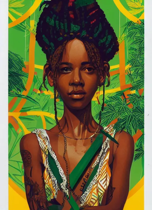 Prompt: 1998 Gorgeous Rasta Goddess by Sachin Teng :5 attractive, stylish, designer , green, smoke, marijuana, asymmetrical, Matte Painting , geometric shapes, hard edges, graffiti, street art:4 Masterpiece, impressive detail, colorful, by Sachin Teng:4