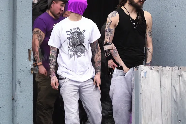 Image similar to jared leto as a white gang member wearing a purple head covering made from a polyester or nylon material and a stained white tank top caught dealing drugs inside a detroit gang trap house, arms covered in gang tattoo, paparazzi, leaked footage, uncomfortable, bad quality