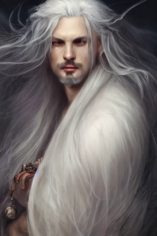 Image similar to white haired robe fu xi full male front body portrait, very long white beard and hair, long hair shawl, fine kindness delicate prefect face features gaze, piercing eye, elegant, style of tom bagshaw, cedric peyravernay, peter mohrbacher, victo nga, 4 k hd illustrative wallpaper, animation style, chinese style