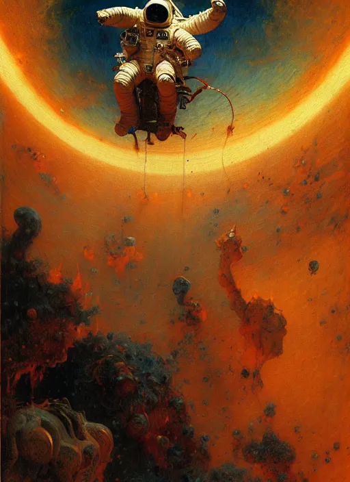 Image similar to an astronaut entering the seventh circle of hell from dante's divine comedy with lots of colours. highly detailed painting by gaston bussiere, craig mullins, j. c. leyendecker 8 k