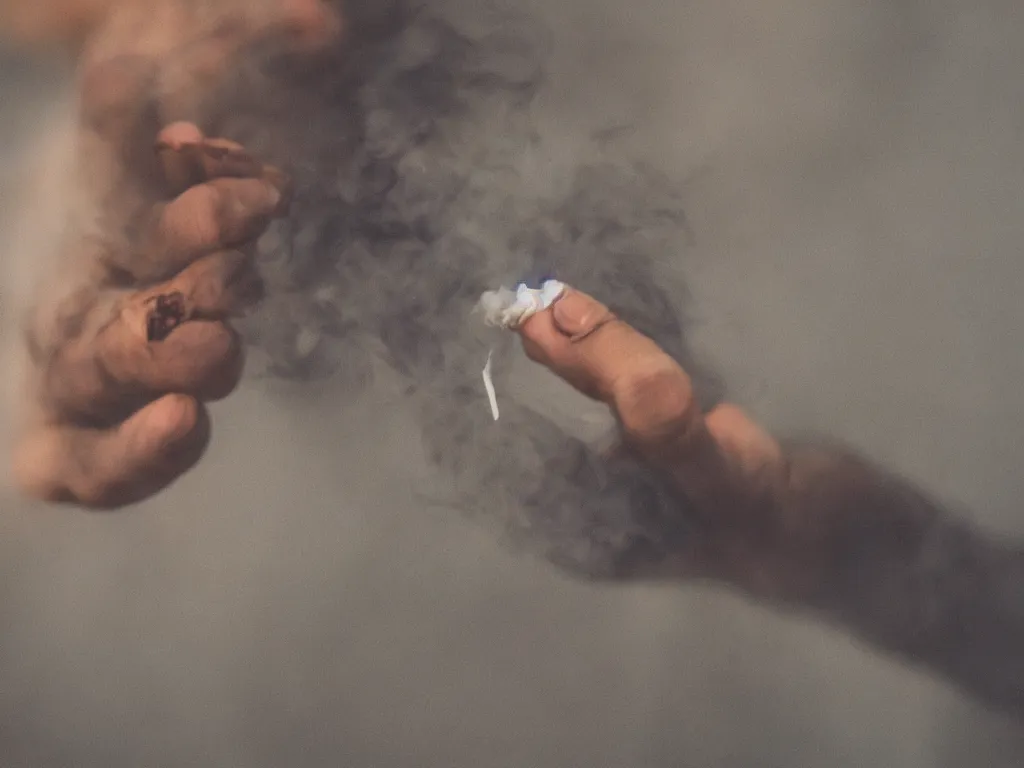 Prompt: Close-up view of hyperrealistic thin soft hand holding cigarette with smoke, hyper realistic photo, 4K, colored