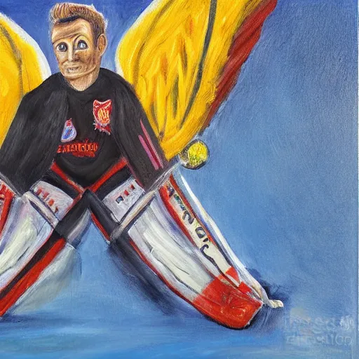 Image similar to goal keeper in the air with wings, rennasainse painting