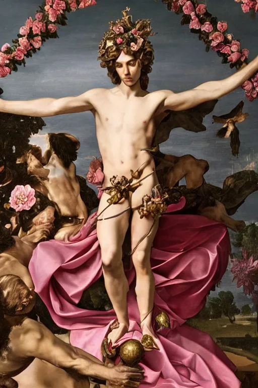 Image similar to a young handsome Spanish prince in a full-body bronze baroque statue of Icarus posed seductively, crown of peach roses, flowing pink-colored silk, fabric, flowers. baroque elements, human skull. full-length view. baroque element. intricate artwork by caravaggio. many many birds birds on background. Trending on artstation, octane render, cinematic lighting from the right, hyper realism, octane render, 8k, depth of field, 3D