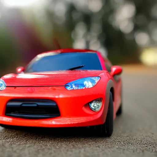 Image similar to a redhead woman driving a Jada toys mitsubishi eclipse green diecast car, high resolution macro photo, viewed through the cars window