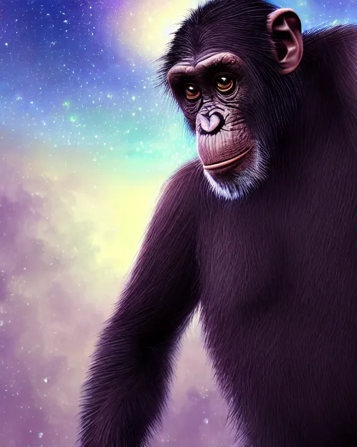 Image similar to very detailed high resolution illustration of a chimpanzee wearing fantasy armor, backlit, stars, night, surrounded, 3 d, 8 k, extremely detailed, artstation, award winning