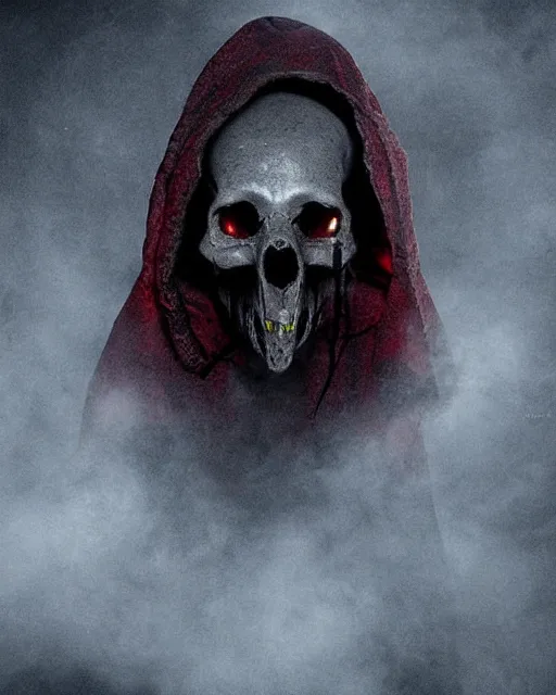 Image similar to rat's skull ghost - spirit of the grim - darkly shrouded cloak with glowing red eyes peering through tattered hood, midnight fog - mist!, cinematic lighting, various refining methods, micro macro autofocus, ultra definition, award winning photo, photograph by ghostwave - gammell - giger - shadowlord