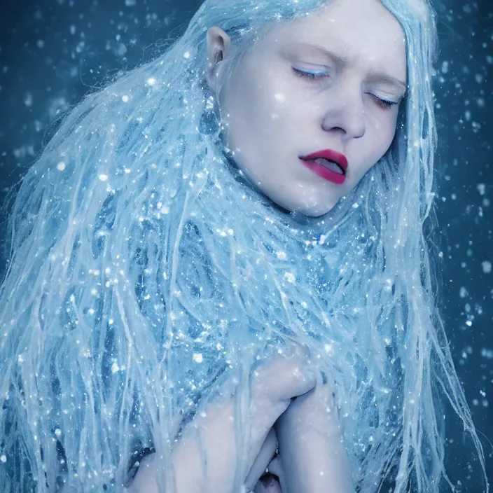 Image similar to a sickly looking young woman dying of hypothermia, with very white skin and pale blue hair wearing a long highneck dress made out of snowflakes in the middle of a heavy snowstorm. pale light blue lips. full body digital portrait by maromi sagi