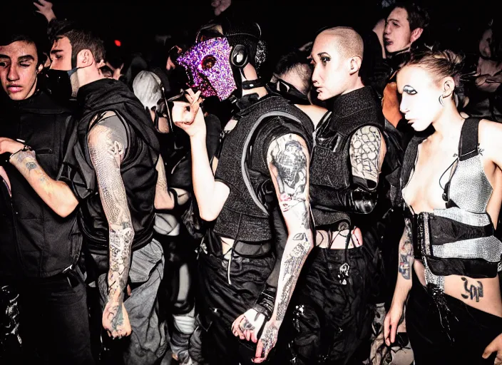 Prompt: Disposable camera photo of a provocative techwear packed busy rundown nightclub, lots of people, males and females breakdancing, variety of sharp sparkly creepy masks, harnesses and garters, tactical vests and holsters, some people holding drinks or have robot limbs or have cybernetic mods, tattoos and piercings, retrofuturism, brutalism, cyberpunk, sigma 85mm f/1.4, 15mm, 35mm, tilted frame, long exposure, 4k, high resolution, 4k, 8k, hd, wide angle lens, highly detailed, full color, harsh light and shadow, intoxicatingly blurry, Bokeh, Bokeh, Bokeh
