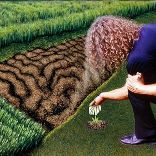 Image similar to robert plant as a plant being planted into the ground and being watered by roger waters, realistic, hyperrealistic, ultra realistic, real, real world, highly detailed, very detailed, extremely detailed, intricate details, 8 k resolution, hd quality