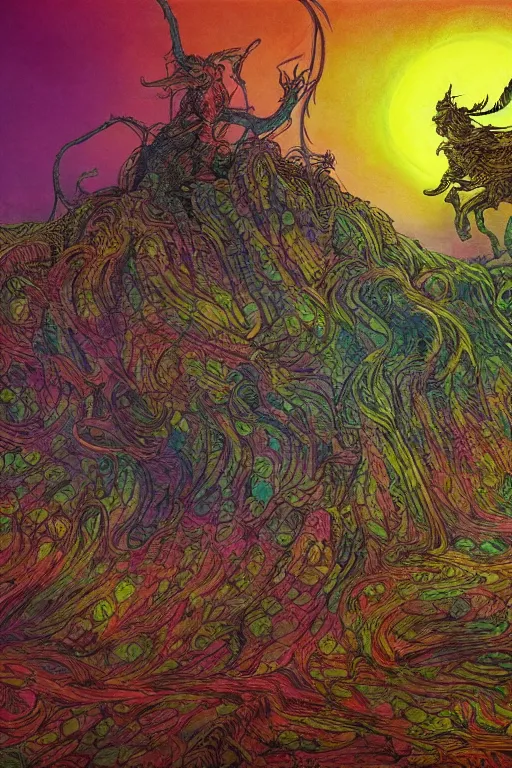 Prompt: stampede through a psychedelic landscape, in the style of Greg Broadmore and Arthur Rackham and Moebius, trending on artstation, light lighting side view,digital art,surrealism ,macro,blueprint ,vaporwave ,