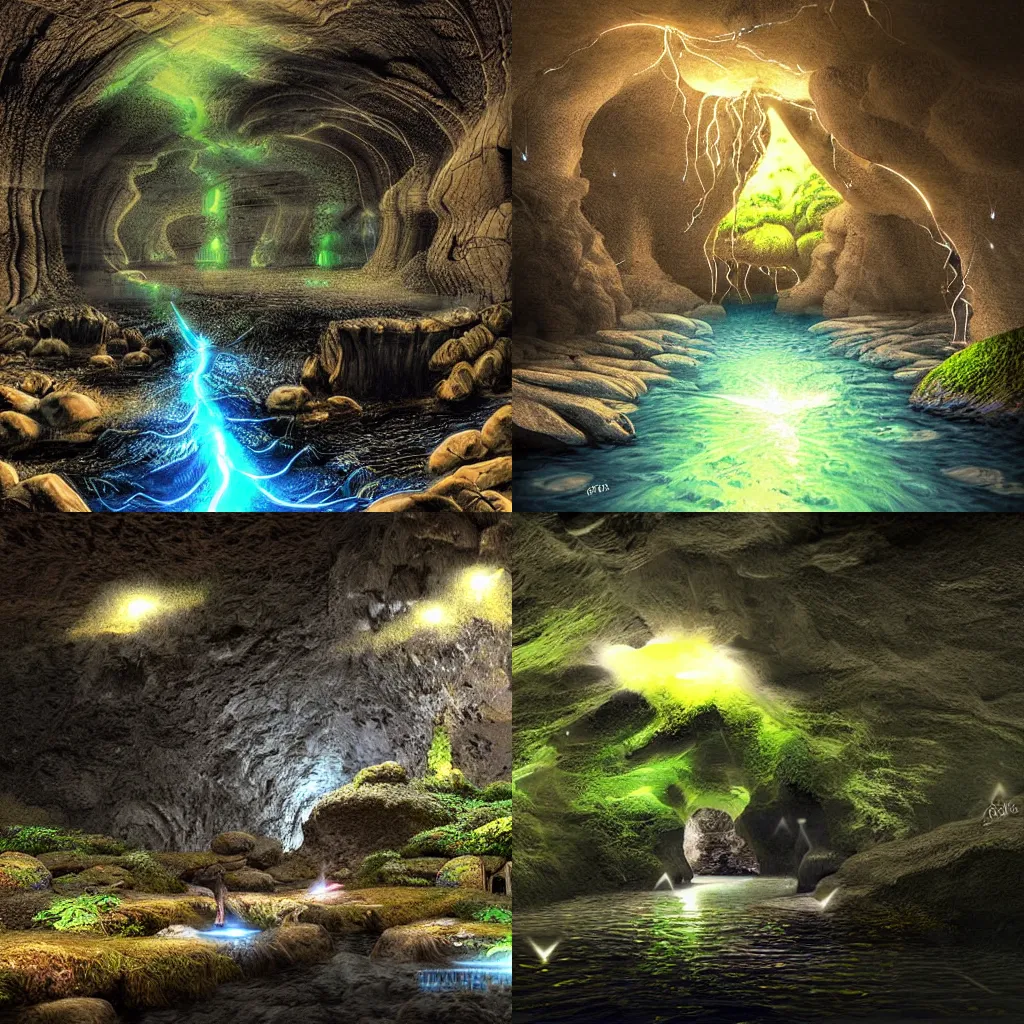 Prompt: an underground cave with a river running through it, glowworms in roof, dramatic lightning digital art