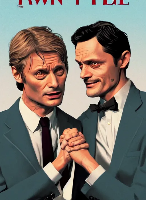 Image similar to Twin Peaks portrait of Mads Mikkelsen and Hugh Dancy holding hands romantically as they chaperone school dance by Michael Whelan, Bob Larkin and Tomer Hanuka, simple illustration, domestic, nostalgic, clean, Matte painting, trending on artstation and unreal engine, New Yorker magazine cover, 1980s romance book cover