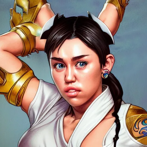 Prompt: miley cyrus as chun li from street fighter, portrait, 4 k, ultra realistic, detailed focused art by artgerm and greg rutkowski and alphonse mucha