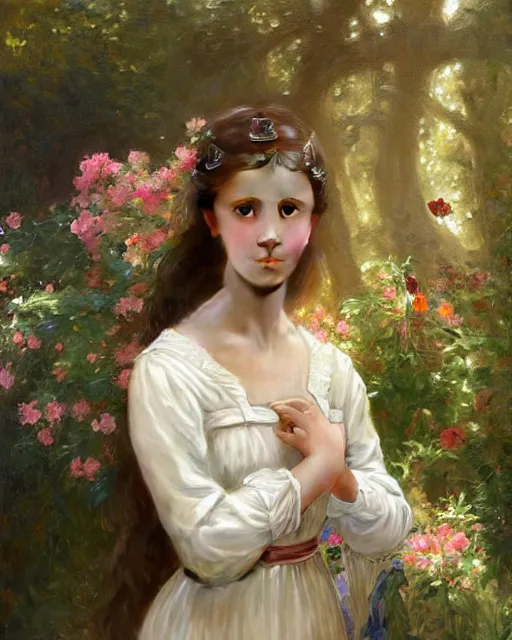 Prompt: a portrait painting of a shy, blushing 1 6 - year old alicia vikander or millie bobby brown as a princess in her garden, hair fanned around, intricate, elegant, highly detailed, artstation, concept art, by krenz cushart and donato giancola and william adolph bouguereau and alphonse mucha