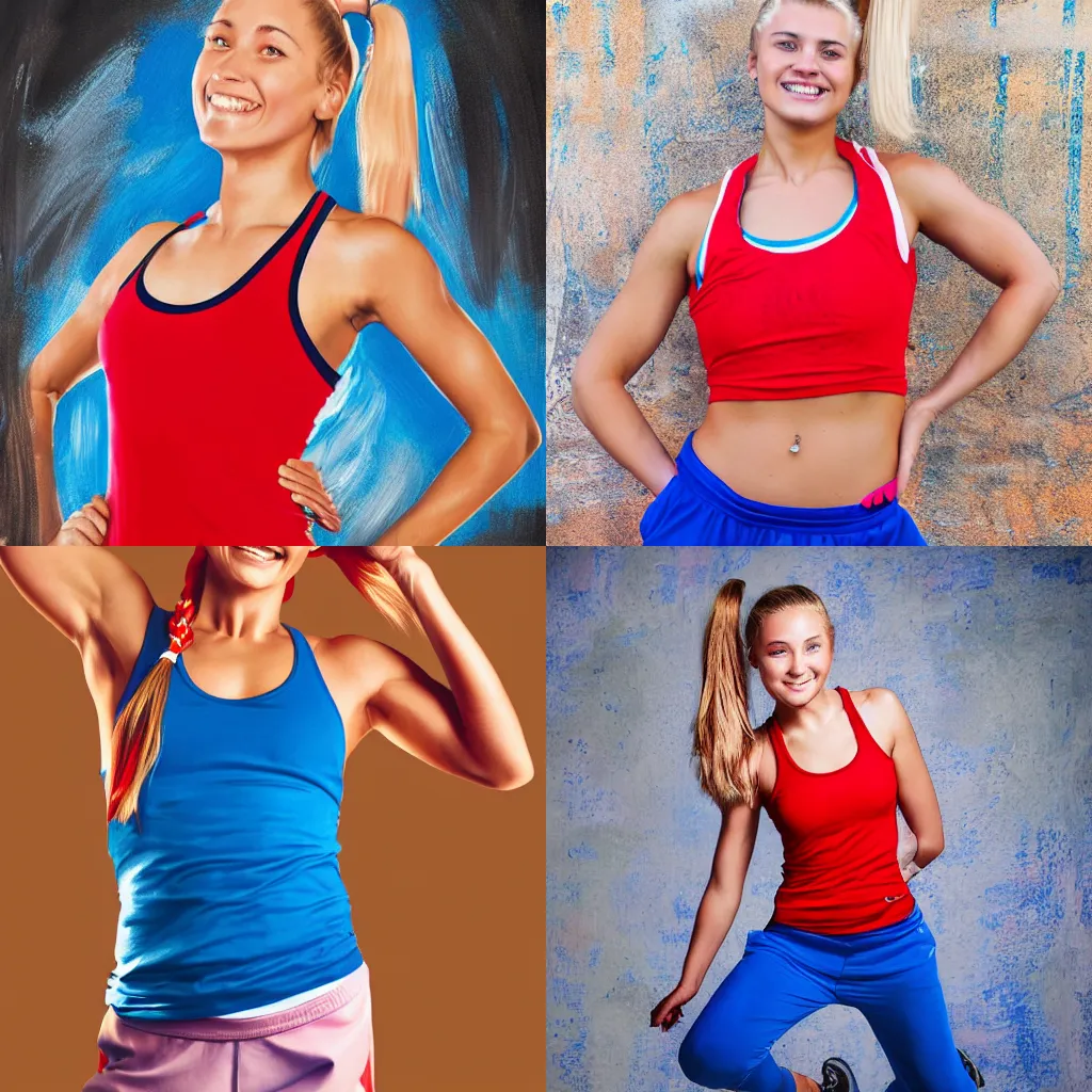 Prompt: an athletic young woman with blonde ponytails, a happy and enthusiastic expression, wearing a red tank top and voluminous blue pants, medium shot, highly detailed digital panting