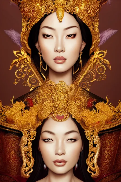 Image similar to a beautiful empress portrait, with a brilliant, impossible striking shiny big gold headpiece, gold clothes, rococo, baroque, jewels, asian, realistic, closeup, D&D, fantasy, intricate, elegant, highly detailed, digital painting, artstation, octane render, 8k, concept art, matte, sharp focus, illustration, art by Artgerm and Greg Rutkowski and Alphonse Mucha