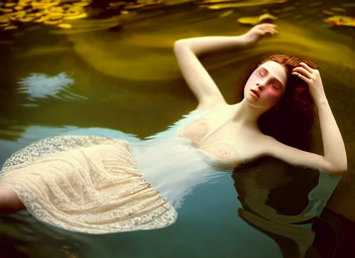 Image similar to Kodak Portra 400, 8K, soft light, volumetric lighting, highly detailed, britt marling style 3/4 ,portrait photo of a beautiful woman how pre-Raphaelites painter, the face emerging from the water of a pond with water lilies, part of the face is underwater, she has a beautiful lace dress and hair are intricate with highly detailed realistic beautiful flowers , Realistic, Refined, Highly Detailed, natural outdoor soft pastel lighting colors scheme, outdoor fine art photography, Hyper realistic, photo realistic