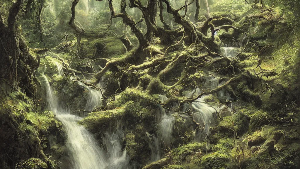 Prompt: an overgrown chasm in the earth leads down into darkness with many small waterfall streams and gnarled exposed tree trunks and roots ponds and wildlife, in a style blend of kunstler and leyendecker and rockwell, fine art, volumetric lighting, intricate details