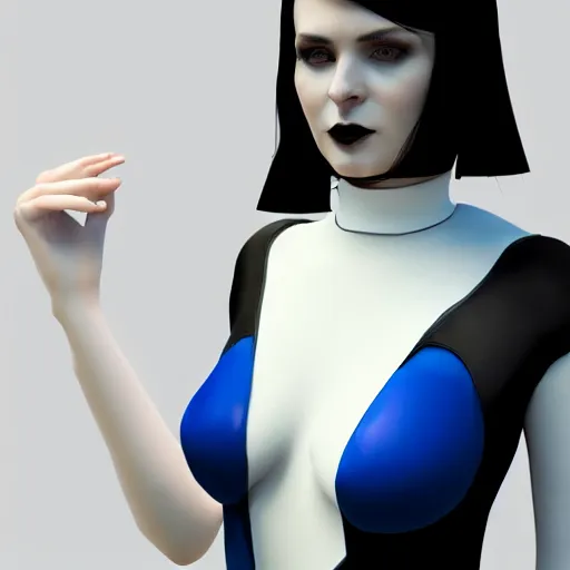 Image similar to portrait of a comforting pale goth woman with elegant multilayered blue-white-black leather high-neck dress, curvy thin waist, photorealistic, sublime, 16k, smooth, sharp focus, cgsociety, trending on ArtStation, volumetric lighting