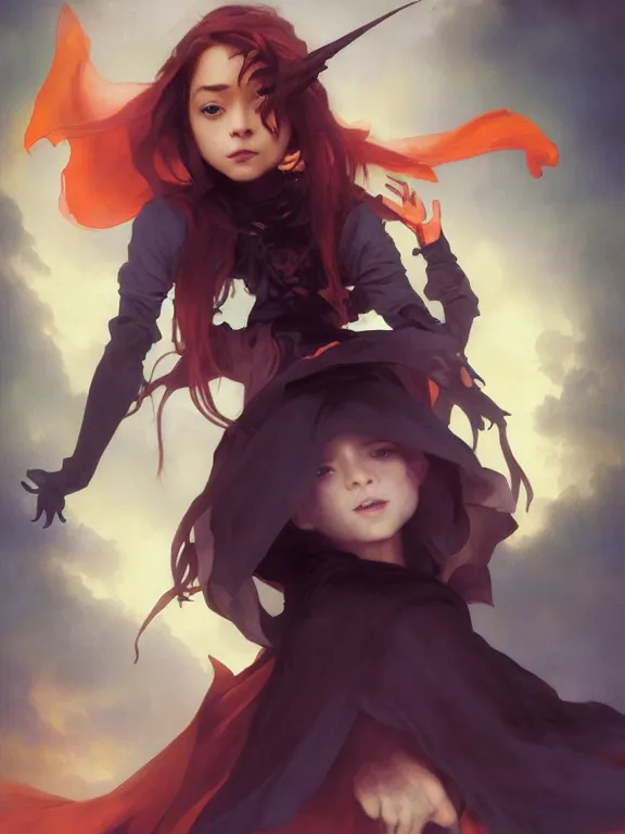 Image similar to Full shot of a mischievous young witch about to get up to some trouble. Latin American fashion. Black and Orange palette. Latina girl. brown skin. Symmetrical facial features. By Ruan Jia and Artgerm and Range Murata and WLOP and Ross Tran and William-Adolphe Bouguereau. Key Art. Fantasy Illustration. award winning, Artstation, intricate details, realistic, Hyperdetailed, 8k resolution.