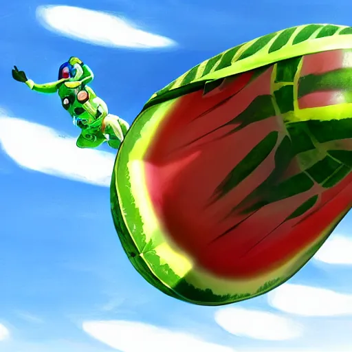 Image similar to A watermelon skydiving from a plane, dynamic lighting, cinematic, ultra detailed, trending on art station