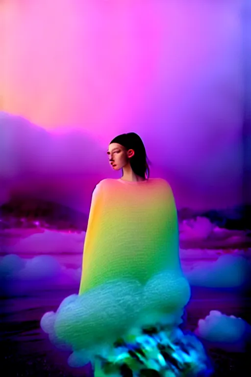 Image similar to high quality pastel coloured film close up wide angle photograph of a model wearing clothing resting on cloud furniture in a icelandic black rock!! environment in a partially haze filled dreamstate world. three point light, rainbow. photographic production. art directed. pastel colours. volumetric clouds. pastel gradient overlay. waves glitch artefacts. extreme facial clarity. 8 k. filmic.