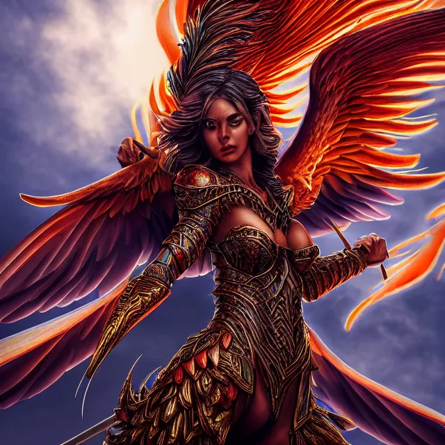 Image similar to phoenix warrior, artgerm, highly detailed, 8 k, hdr, close up, smooth, sharp focus, high resolution, award - winning photo