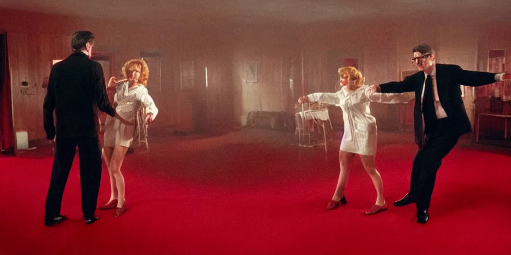 Prompt: louis theroux and laura palmer are dancing in the red room, twin peaks. in the style of david lynch, black and white zig zag floor