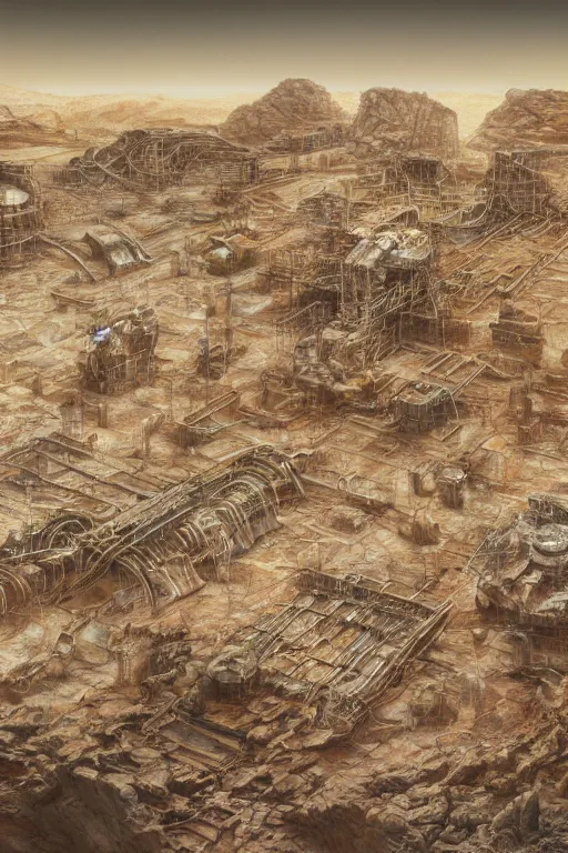 Prompt: industrial research lab brutalist arquitecture in a quarry in the middle of the desert of Mars planet at night dust storm concept art by yoshitaka amano and H.R. Giger, intricate detail, 8k, featured art
