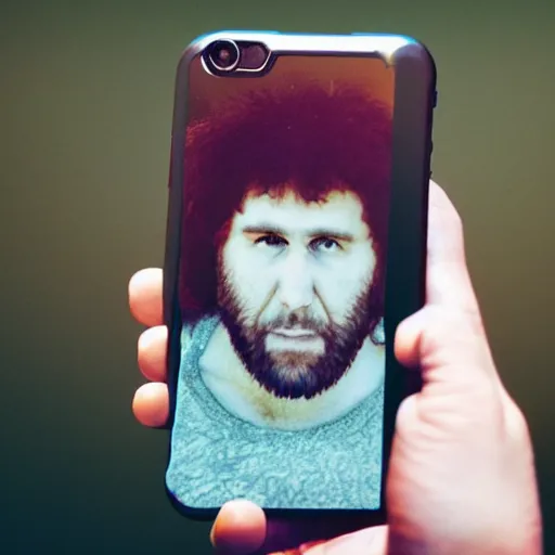 Image similar to caveman holding iphone, portrait