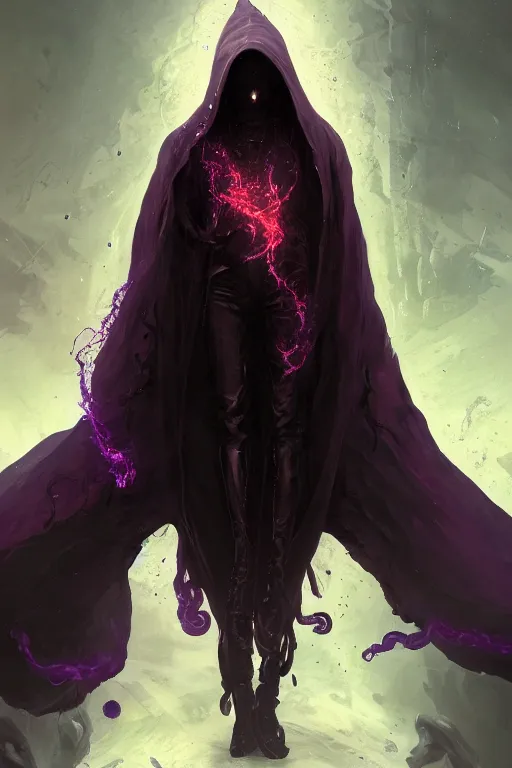 Image similar to A full body portrait of a mysterious character with no face with a very long hooded dark purple cloak tentacles coming out the ground art by Maciej Kuciara and Jason Chan, ominous, cosmic horror, trending on artstation, Ultra detailed, hyper realistic 4k