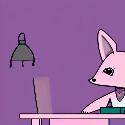 Image similar to Light pink anthropomorphic fox with purple hair typing at a computer on a desk with a coffee cup steaming next to it