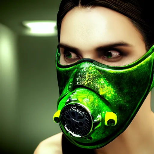 Image similar to human reptile hybrid with gas mask and green toxins popping from body full shot cinematographic high quality highly detailed ultra realistic 8 k