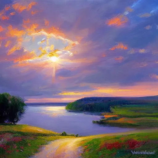 Prompt: Swedish countryside, freedom, dawn, archipelago, painting by Vladimir Volegov