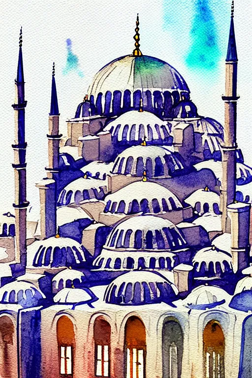 Image similar to a watercolor painting of a mosque in istanbul by fikret mualla saygı, behance, modern european ink painting, photoillustration, storybook illustration, watercolor