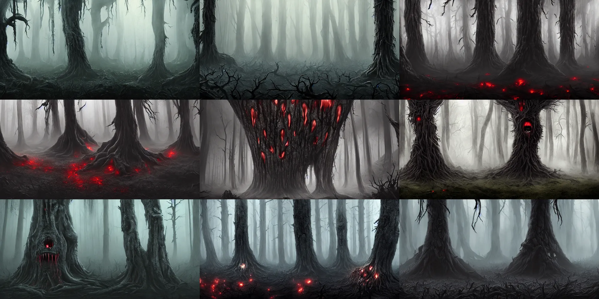 Prompt: dark forest shrouded in mist, a tree with bloody fanged mouth gaping open fangs visible, screaming face on tree trunk with fangs, tree bark shaped like a mass of human bodies, forbearing, oppressive, epic composition, digital art, concept art, 4 k, highly detailed