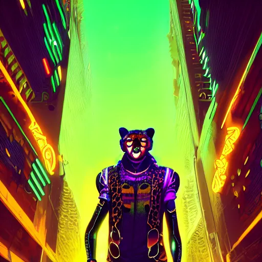 Image similar to a beautiful commission portrait of a male anthro cheetah wearing a neon jacket,futuristic,detailed face,mohawk,cyberpunk city,deviantart,artstation,art by greg rutkowski,ross tran,professional lighting,neon city,night,raytracing,highly realistic,4k,dramatic,hyperrealism