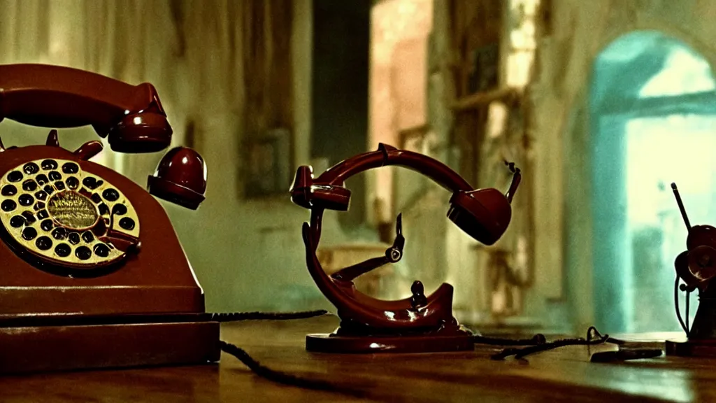 Prompt: the strange creature talks on the rotary phone, made of blood, film still from the movie directed by Denis Villeneuve with art direction by Salvador Dalí, wide lens