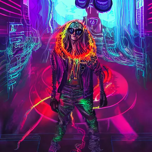 Image similar to psychedelic cyberpunk demon painting, rocking out, wearing headphones, huge speakers, dancing, rave, DJ, spinning records, digital art, amazing composition, rule-of-thirds, award-winning, trending on artstation, featured on deviantart