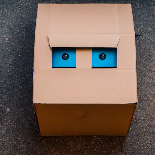 Image similar to a cardboard box robot, ( sony a 7 r iv, symmetric balance, polarizing filter, photolab, lightroom, 4 k, dolby vision, photography awardm, voque, perfect face )