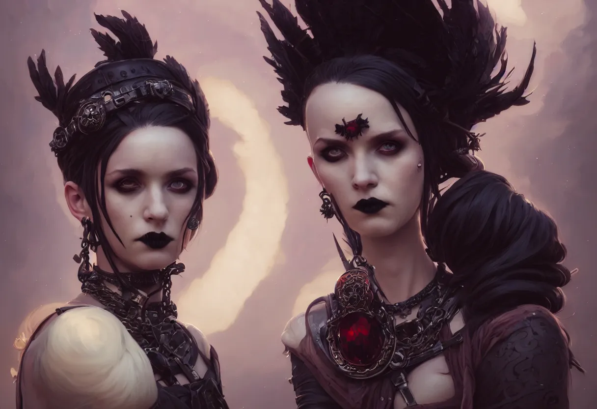 Image similar to beautiful extreme closeup portrait, goth girl, piercings collar, mohawk hairstyle, medieval dress. witch, makeup. unreal engine, greg rutkowski, loish, rhads, beeple, tom bagshaw, alphonse mucha, global illumination, detailed and intricate environment