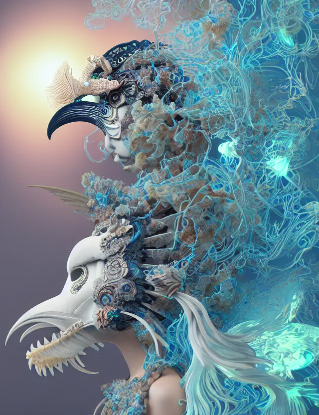 Image similar to 3 d goddess close - up profile solarpunk portrait ram skull. beautiful intricately detailed japanese crow kitsune mask and clasical japanese kimono. betta fish, jellyfish phoenix, fractal flame, bio luminescent, plasma, ice, water, wind, creature, artwork by tooth wu and wlop and beeple and greg rutkowski