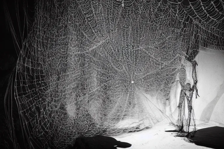 Image similar to portrait of a dusty armored skeleton covered in webs in an atmospheric cave By Emmanuel Lubezki