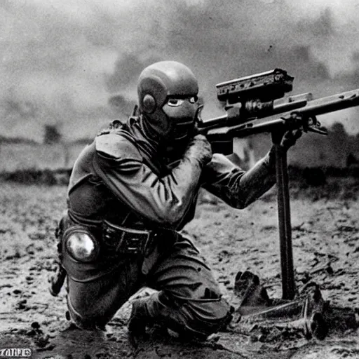 Prompt: iron man shooting machine guns against nazi germany on the bloody muddy battlefield of world war